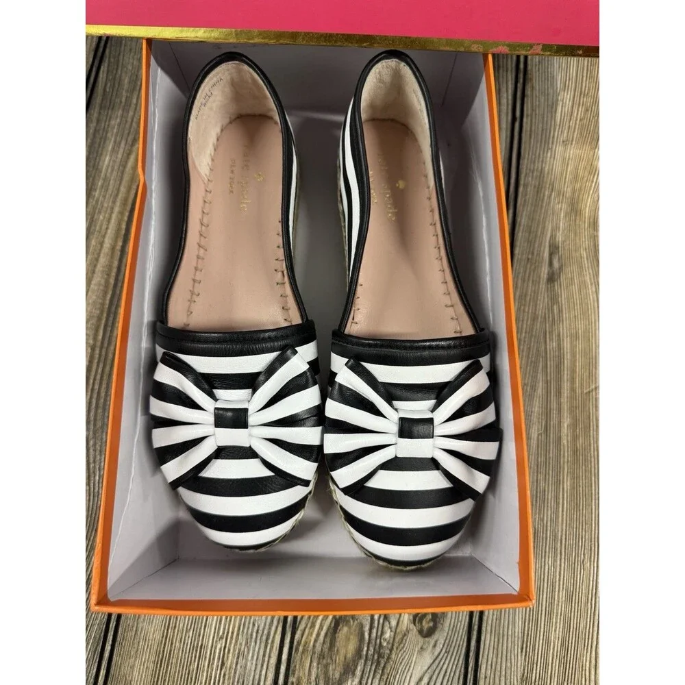Kate Spade NY LINDS Striped Leather Bow Espadrille Flats Black White Sz 8 1/2